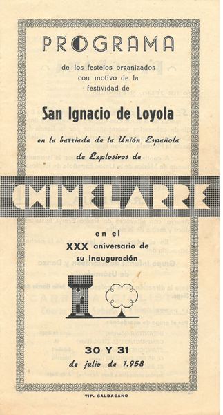Chimelarre;Programa de los festejos de San Ignacio de la barriada de la Union espa&ntilde;ola de Explosivos; Julio de 1958