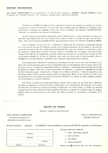 Novedad bibliografica. Boletin de pedido del libro Alboka. Entorno folklorico.