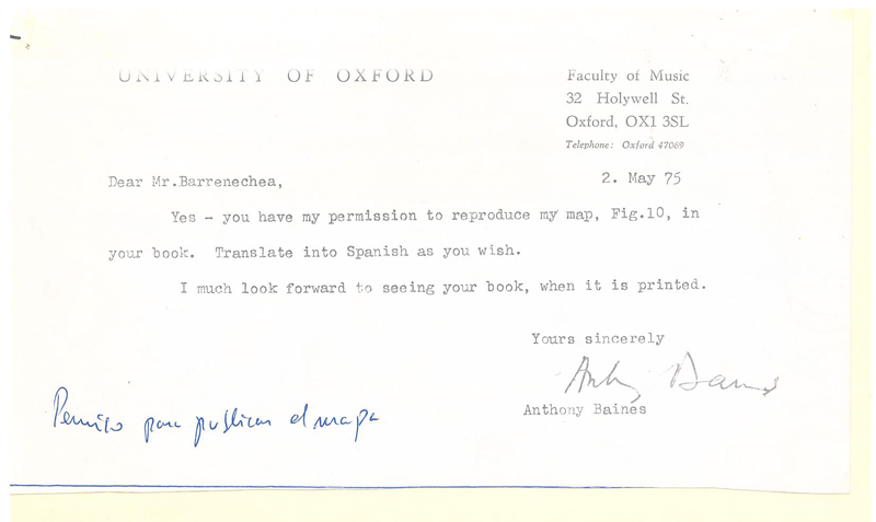 Anthony Baines- Mariano Barrenetxeari idatzitako gutuna