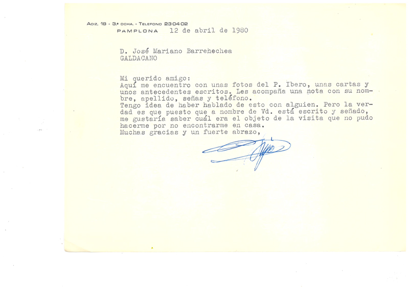 Manuel de Irujok  Marianori bidalitako eskutitza. Iru&ntilde;a 12 de Abril de 1980