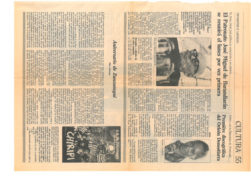 En Ataun, donde har&aacute; p&uacute;blicos su composici&oacute;n y sus objetivos, El Patronato Jos&eacute; Miguel de Barandiar&aacute;n se reunir&aacute; el lunes por primera vez;
Aniversario de Zunzunegui