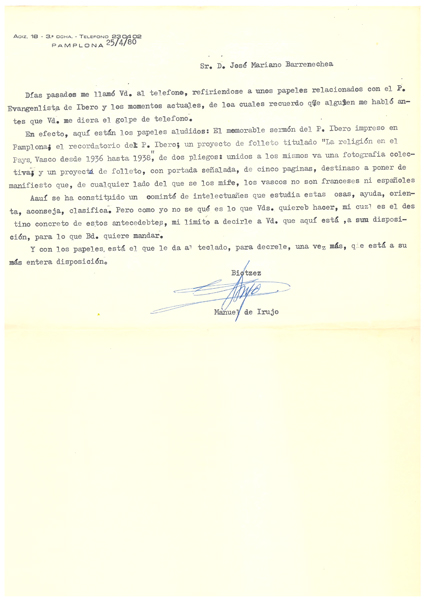 Manuel de Irujok  Marianori bidalitako eskutitza. Iru&ntilde;a 25/4/80