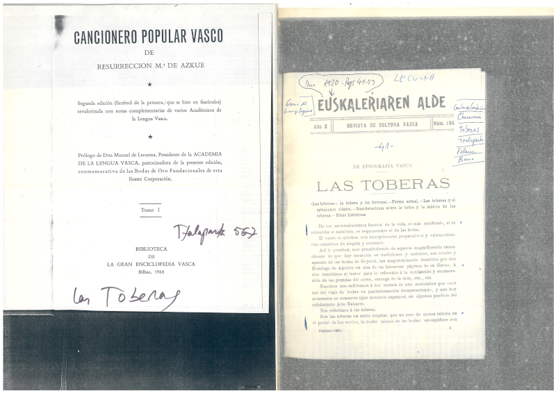 Txalaparta, tobera, ezkontzak eta euskal kulturarekin lotutako fotokopiak.